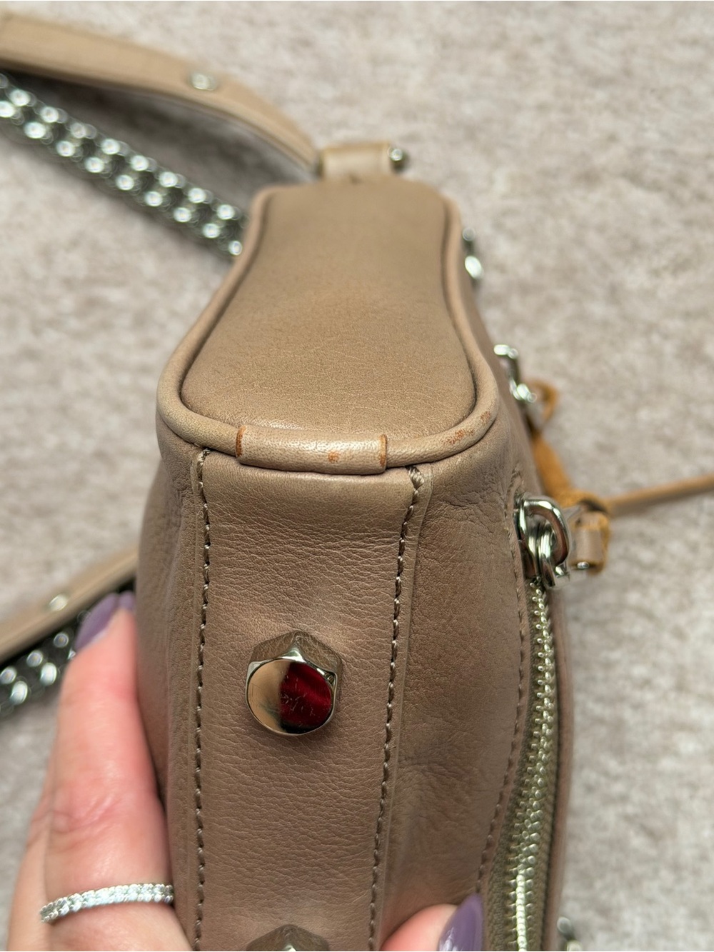 Rebecca Minkoff Shiny Mauve Pink Chain Crossbody Bag Studded Bottom Zipper - Picture 10 of 16